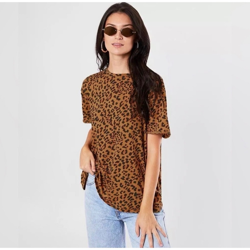 FREE PEOPLE We The Free Clarity Oversized Crew Neck T-Shirt Cheetah Combo Sz XS - Picture 2 of 9